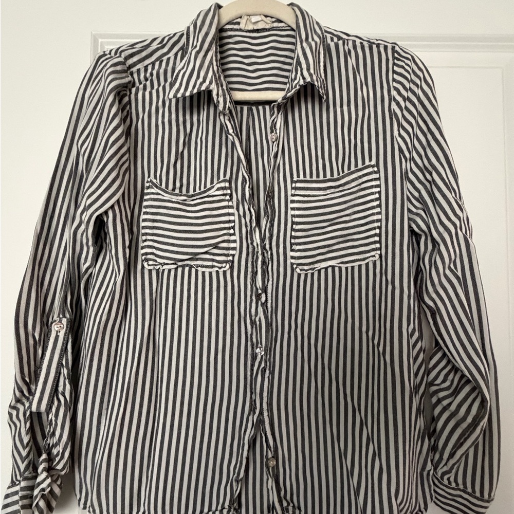 Grey/Greenish and White Striped Button-Up Shirt
